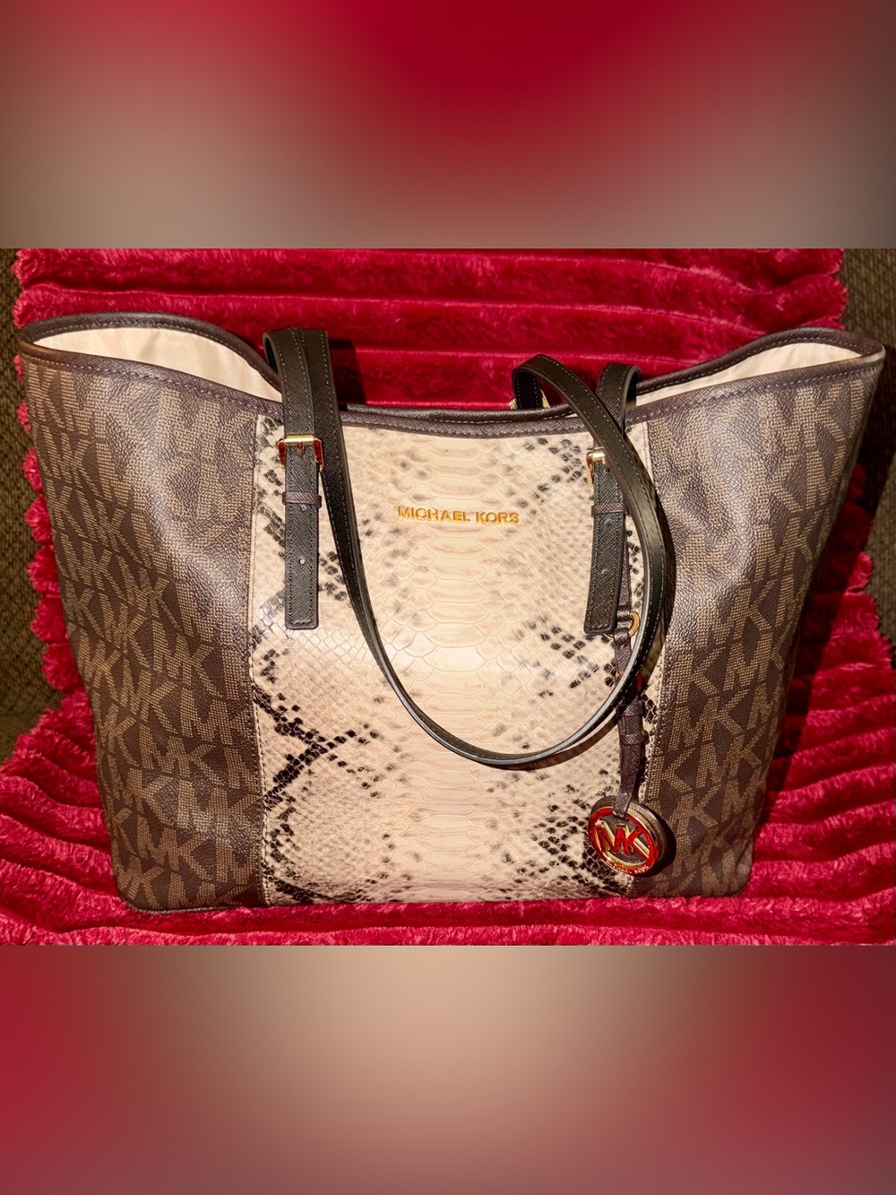 Michael Kors Brown Logo Tote with Cream Snake-Print Panel and Gold Hardware